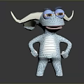 Cartoon Style 3D Game Character With Blue Body White Horns Red Eyes Hands On Hips