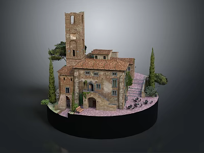 Charming Cartoon Scene Featuring Medieval Building With Tower Trees Steps And Circular Base 3d model