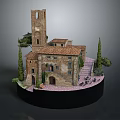 Charming Cartoon Scene Featuring Medieval Building With Tower Trees Steps And Circular Base 3d model
