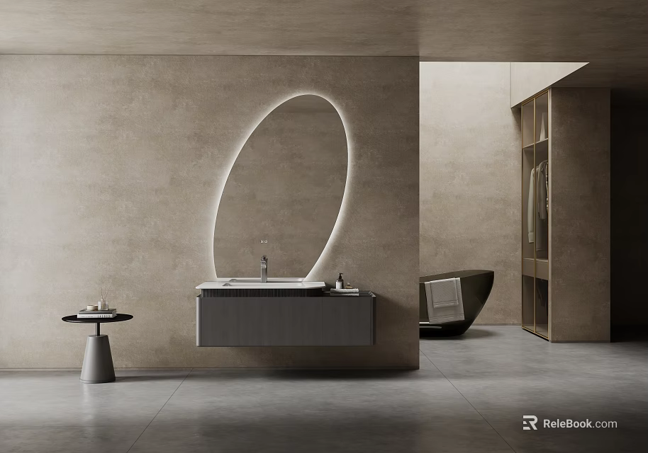 Minimalist Bathroom Vanity With Backlit Oval Mirror Gray Countertop And Modern Interior Setting 3d model 