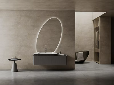 Minimalist Bathroom Vanity With Backlit Oval Mirror Gray Countertop And Modern Interior Setting 3d model