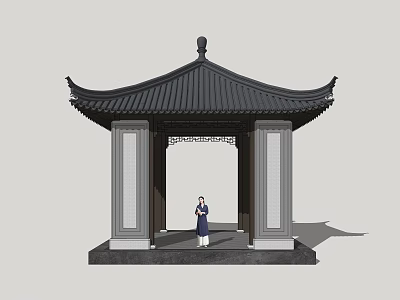 Traditional Chinese Pavilion with Curved Roof and Person in Classic Attire 3d model