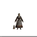 Elderly Woman with Headscarf Brown Top and White Apron Standing Next to Woven Bag
