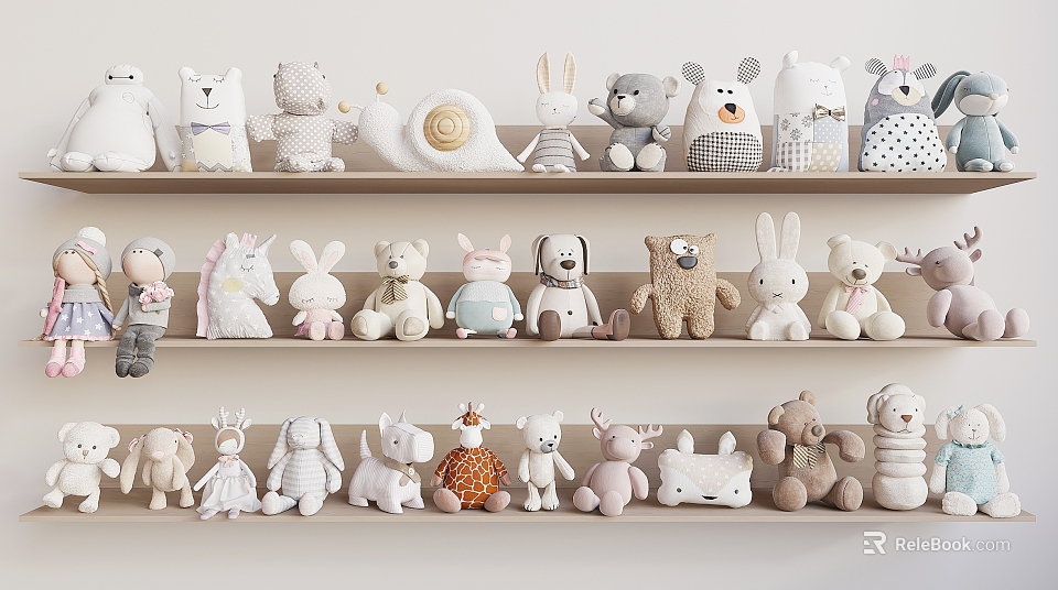 Cute Plush Stuffed Toys With Various Animal Designs Displayed On Shelves 3d model 