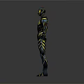 Black And Yellow Superhero In Tight Suit With Glowing Stripes Standing Pose