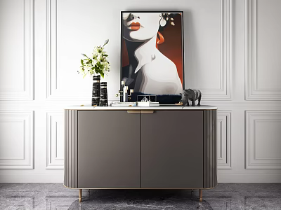 Gray Console Cabinet with Gold Legs Featuring Vase and Portrait Painting on Paneled Wall 3d model