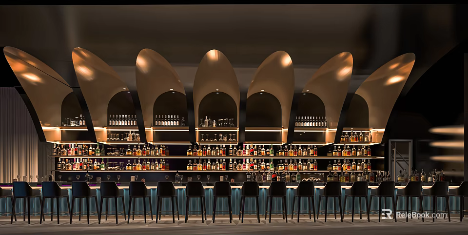 Stylish Bar Interior With Arched Ceiling And Shelves Displaying Alcohol Bottles And Black Bar Stools 3d model 