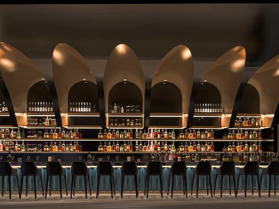 Stylish Bar Interior With Arched Ceiling And Shelves Displaying Alcohol Bottles And Black Bar Stools 3d model
