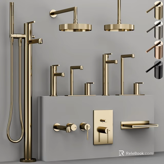 Golden Modern Bathroom And Kitchen Faucets With Various Stylish Handle Designs 3d model 