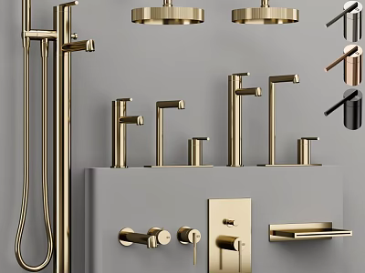 Golden Modern Bathroom And Kitchen Faucets With Various Stylish Handle Designs 3d model