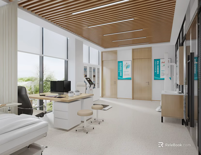 Modern Hospital Outpatient Clinic Interior With Wooden Ceiling Large Windows Medical Desk And Health Posters 3d model 