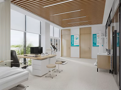 Modern Hospital Outpatient Clinic Interior With Wooden Ceiling Large Windows Medical Desk And Health Posters 3d model