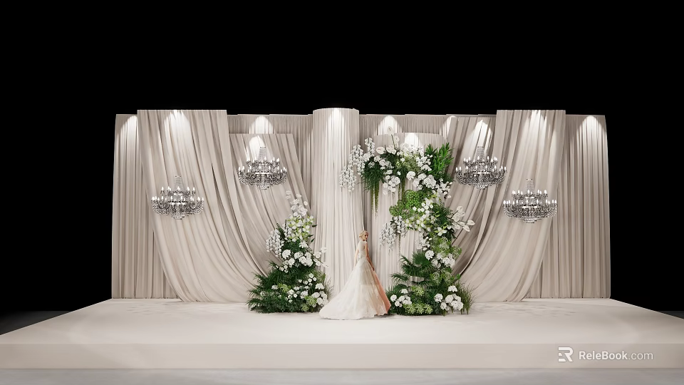 Elegant Floral Decoration for Wedding Stage with Bride Beige Curtains and Crystal Chandeliers 3d model 
