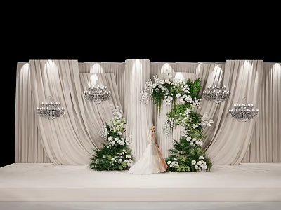 Elegant Floral Decoration for Wedding Stage with Bride Beige Curtains and Crystal Chandeliers 3d model