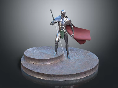 Decorative Silver Armor Knight Statue Holding Spear With Red Cape And Stone Base 3d model