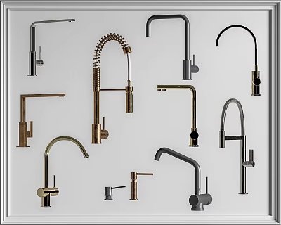 Various Modern Faucet Designs Displayed on White Background With Different Styles and Finishes 3d model