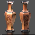 Pair of Traditional Copper Colored Hexagonal Vases with Flower Patterns and Carved Details
