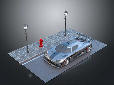 Silver Sports Car Parked On Brick Paved Road With Street Lamps And Red Fire Hydrant 3d model