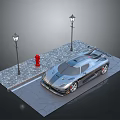 Silver Sports Car Parked On Brick Paved Road With Street Lamps And Red Fire Hydrant