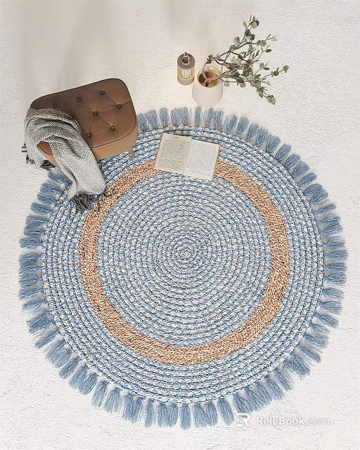 Blue And Brown Woven Round Rug With Fringe Design For Home Living Decor 3d model 