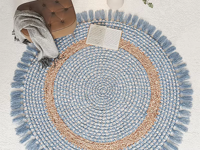 Blue And Brown Woven Round Rug With Fringe Design For Home Living Decor 3d model