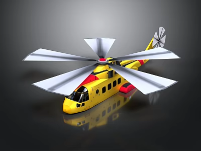 Yellow and Red Aerospace Helicopter Model with Multiple Rotors and Reflection on Black Background 3d model