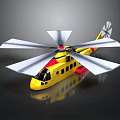 Yellow and Red Aerospace Helicopter Model with Multiple Rotors and Reflection on Black Background