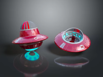 Red UFO Models With Silver Stripes Blue Glowing Base And Floating Design 3d model