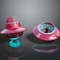 Red UFO Models With Silver Stripes Blue Glowing Base And Floating Design 3d model