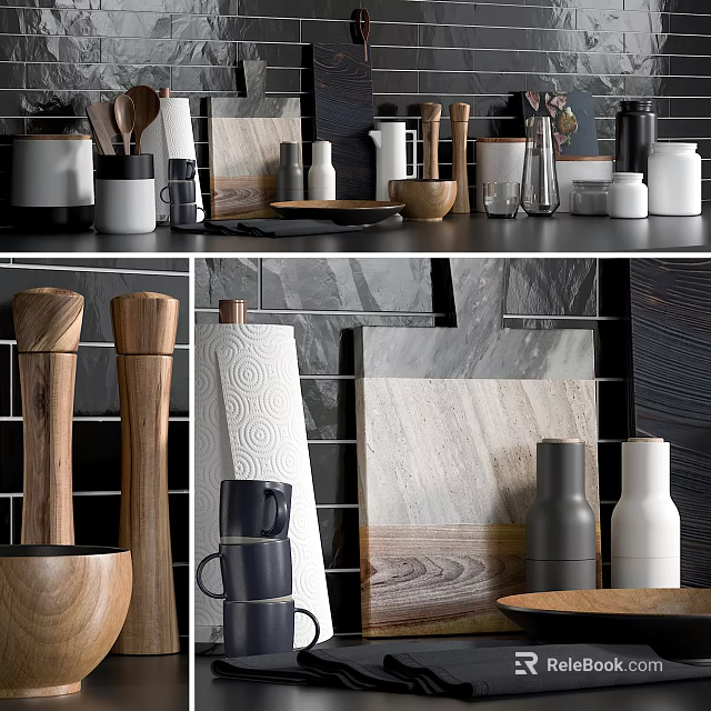 Stylish Kitchen Utensils Collection With Wooden Spatulas Ceramic Jars And Stone Cutting Boards 3d model 