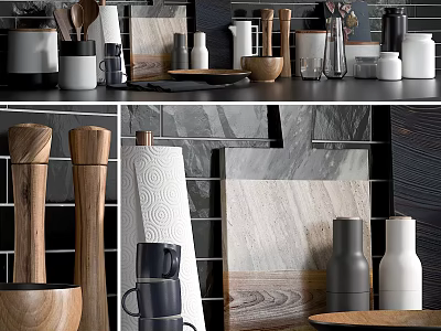 Stylish Kitchen Utensils Collection With Wooden Spatulas Ceramic Jars And Stone Cutting Boards 3d model