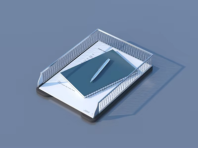 Modern Metal Tray With Blue Paper And Pen On Gray Surface 3d model