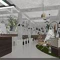 Modern Industrial Café Interior With Wooden Counter Green Plants And Pendant Lights