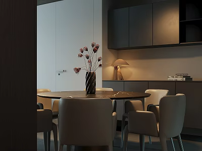 Modern Minimalist Restaurant Interior With Round Dining Table Vase Flowers Lamp And Dark Cabinets 3d model