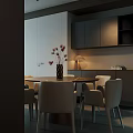 Modern Minimalist Restaurant Interior With Round Dining Table Vase Flowers Lamp And Dark Cabinets