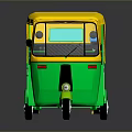 Yellow And Green Three Wheel Auto Rickshaw Passenger Vehicle With Transparent Windows