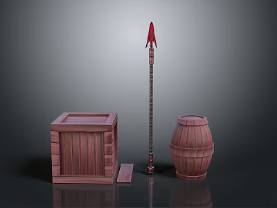 Handcrafted Rustic Scene Components With Wooden Crate Spear And Barrel 3d model