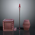 Handcrafted Rustic Scene Components With Wooden Crate Spear And Barrel