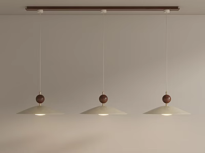 Three Modern Pendant Lights With Wooden Ball Accent And Conical Shade Ceiling Mounted 3d model