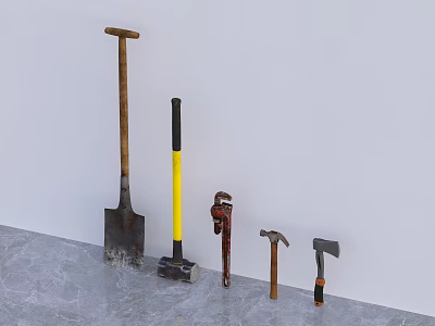 Various Hardware Tools With Shovel Hammer Wrench Axe On Gray Floor White Wall Background 3d model