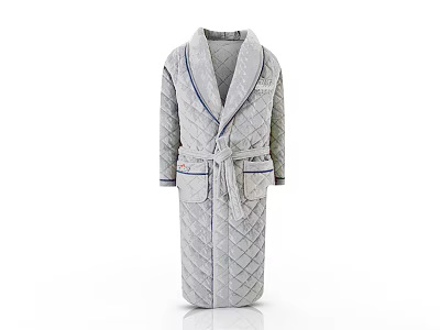 Long Gray Quilted Robe With Belt And Blue Trim For Comfortable Loungewear 3d model