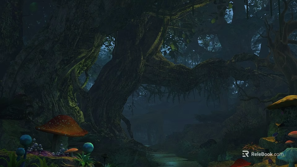 Cartoon Scene of Enchanted Forest With Giant Tree Colorful Mushrooms and Winding Path 3d model 