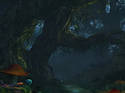 Cartoon Scene of Enchanted Forest With Giant Tree Colorful Mushrooms and Winding Path 3d model