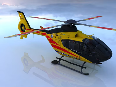 Yellow and red striped Helicopter with rotors registration 1403 on ground and clear reflection 3d model