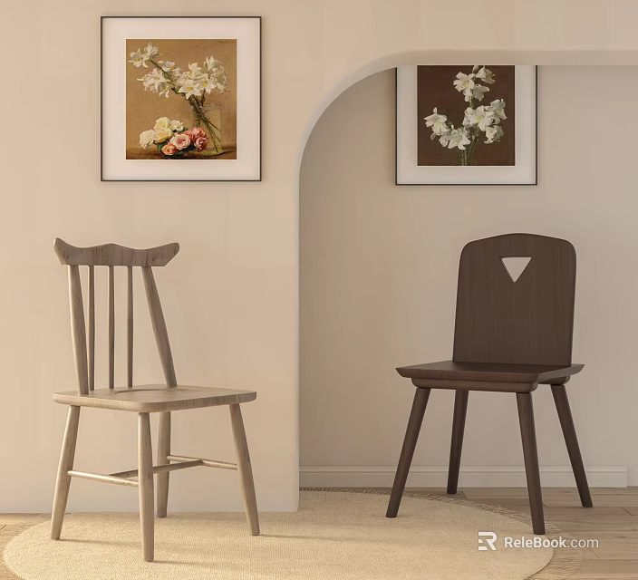 Light And Dark Wood Dining Chairs With Traditional And Modern Backrests And Flower Wall Art 3d model 