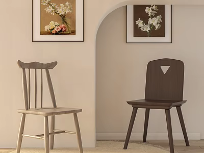 Light And Dark Wood Dining Chairs With Traditional And Modern Backrests And Flower Wall Art 3d model