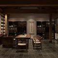 Traditional Teahouse Interior With Wooden Pillars Bookshelves Long Table And Chairs