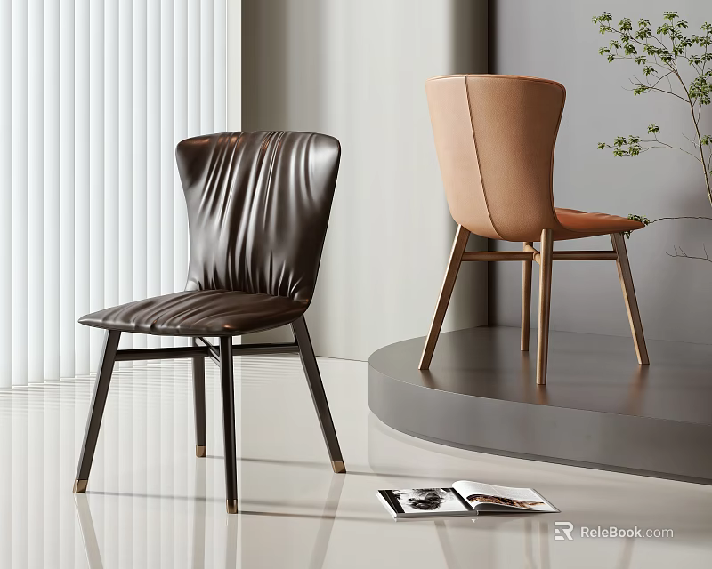 Modern Single Chair Brown Leather Tan Design Wooden Legs Bright Room White Blinds 3d model 