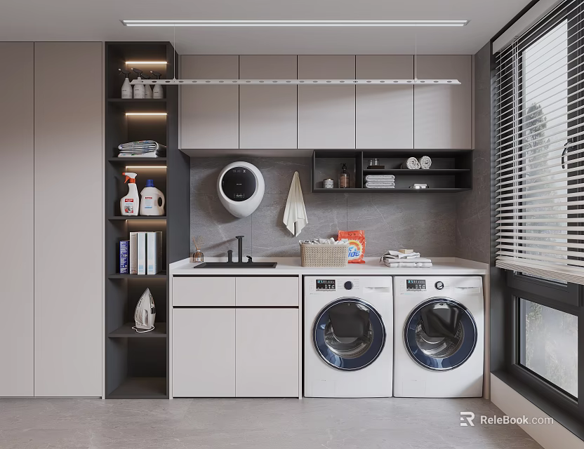 Modern Home Balcony With Washing Machine Dryer Wall Cabinets Sink And Storage Shelves 3d model 
