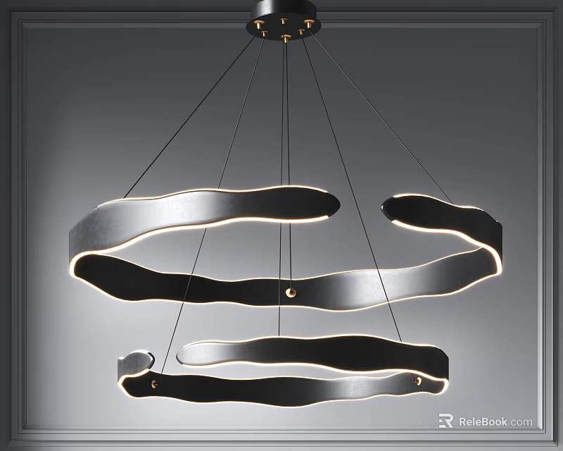 Elegant Modern Chandelier With Curved Metal Strips And Layered Illuminated Design 3d model 